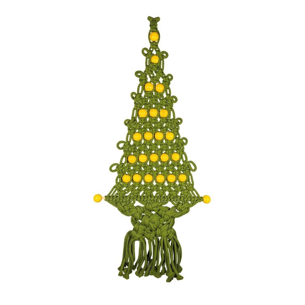 Vintage Macrame Christmas Tree Wall Hanging Green Yellow Beads Boho 31"